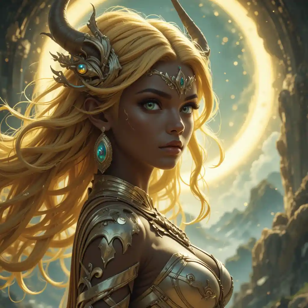 Young golden skinned goddess with amber eyes and yellow hair