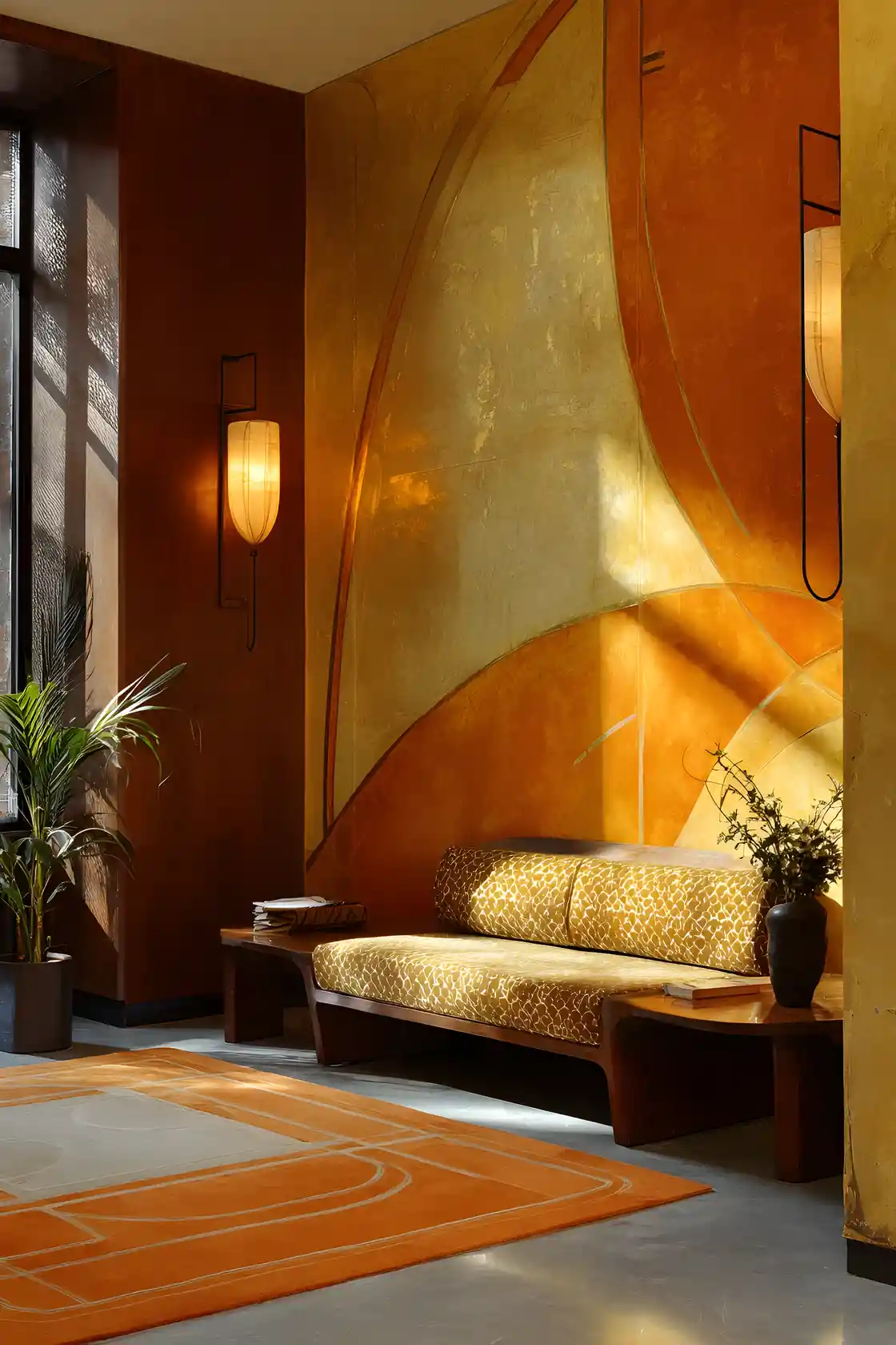 Retro inspired living room within a modern abstract mural
