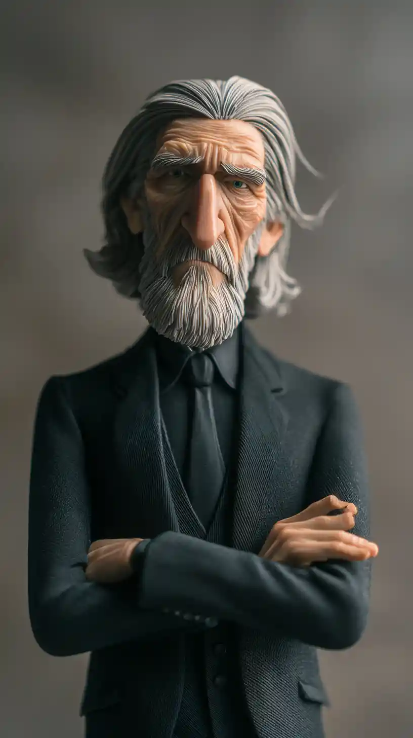 Figura de idoso de terno preto com cabelo grisalho comprido