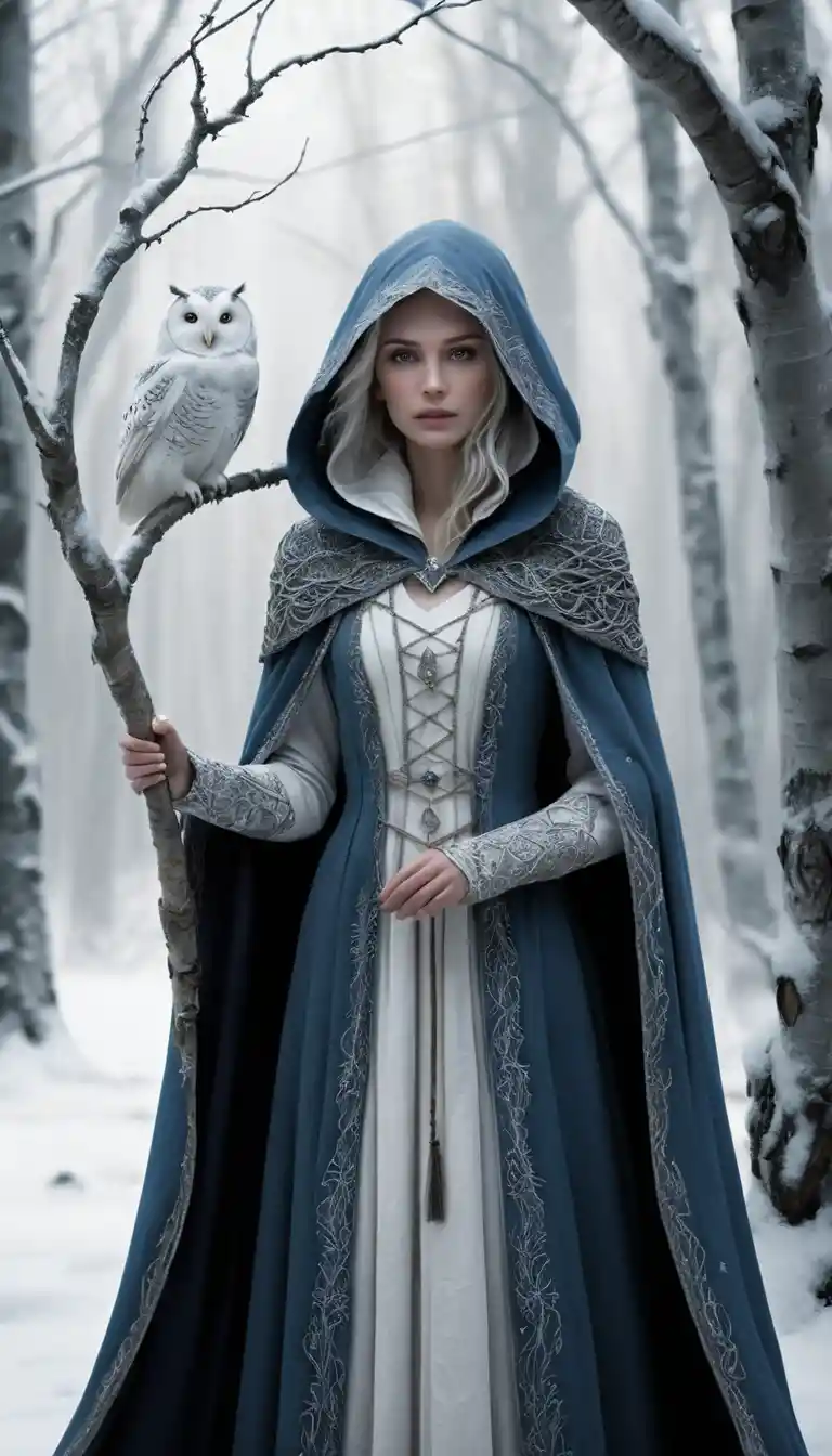 Ancient sorceress in a blizzard swept snowy birch forest