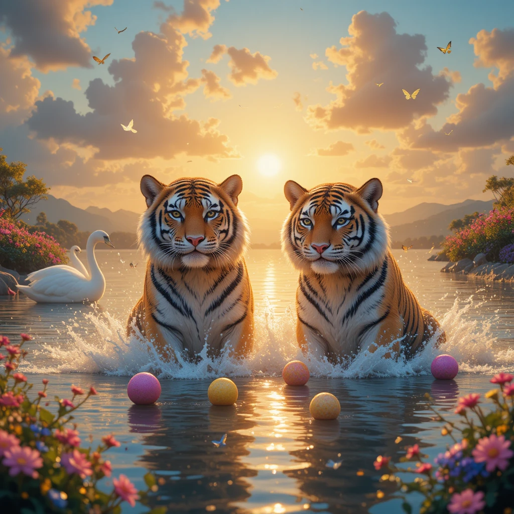 Verspielte Tiger planschen in einem traumhaften See zur Goldenen Stunde