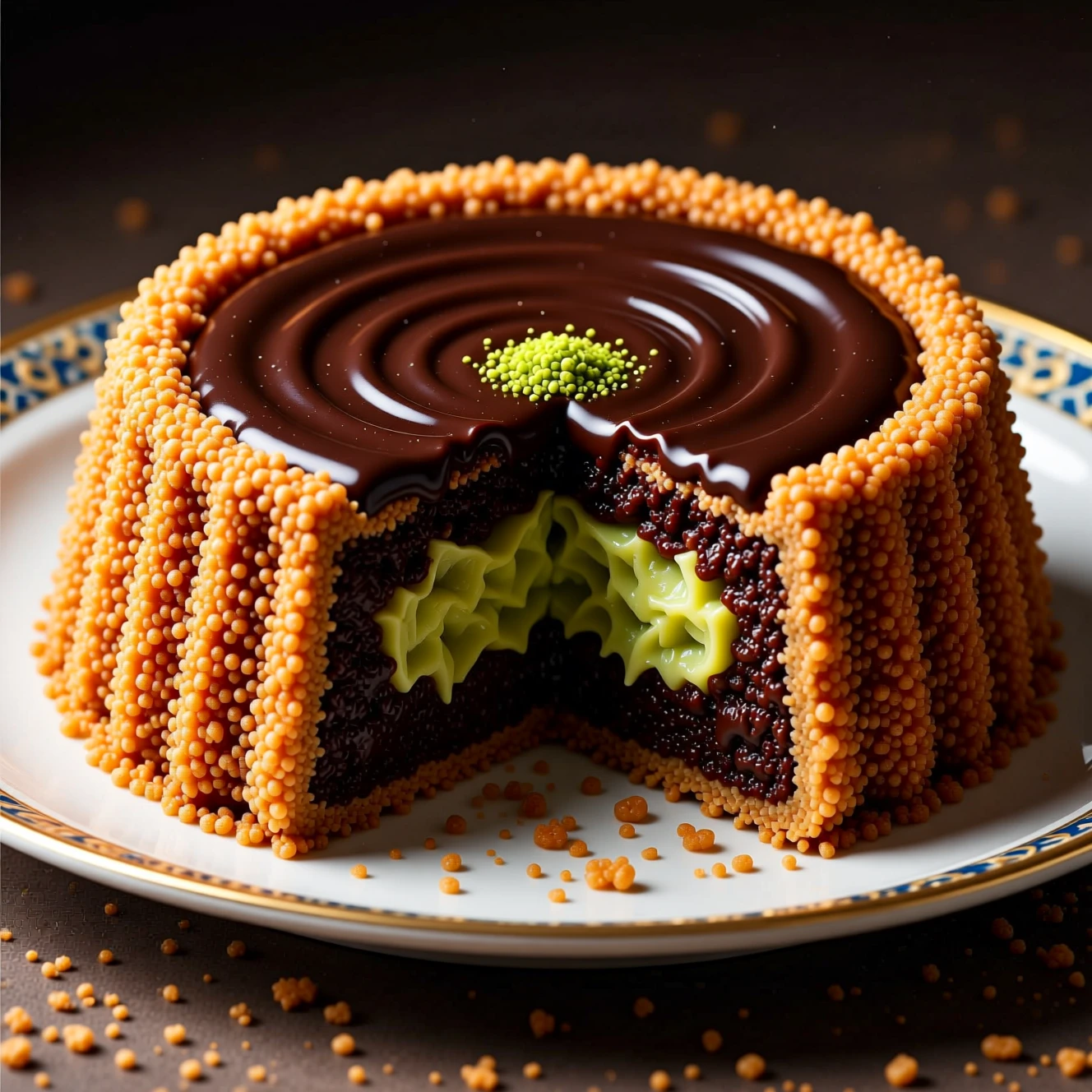 Dessert decadente al cioccolato e pistacchio in un primo piano da sogno