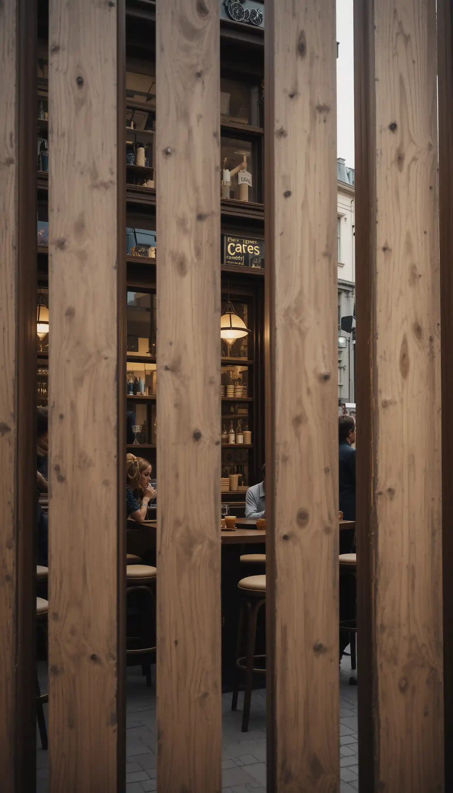 Caffetteria accogliente in una strada stretta con cornice in legno rustico