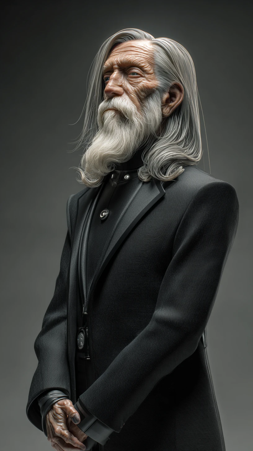 Senhor idoso de terno preto com cabelo e barba longos e grisalhos