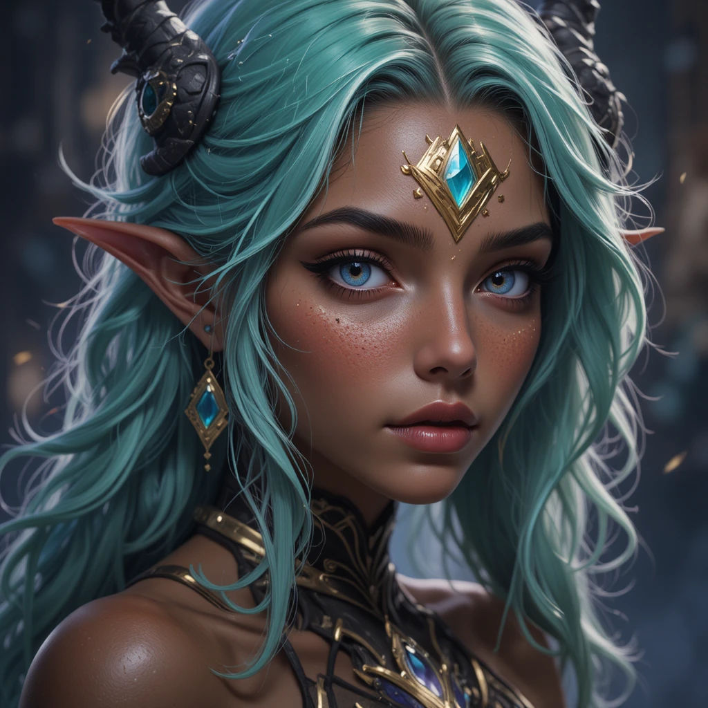 Young fantasy girl with light violet eyes and green hair