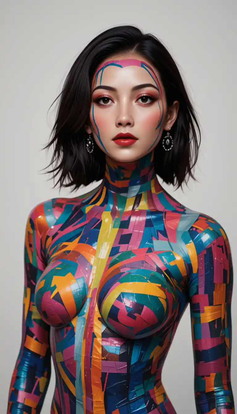 Woman wrapped in metallic tape as bold body art