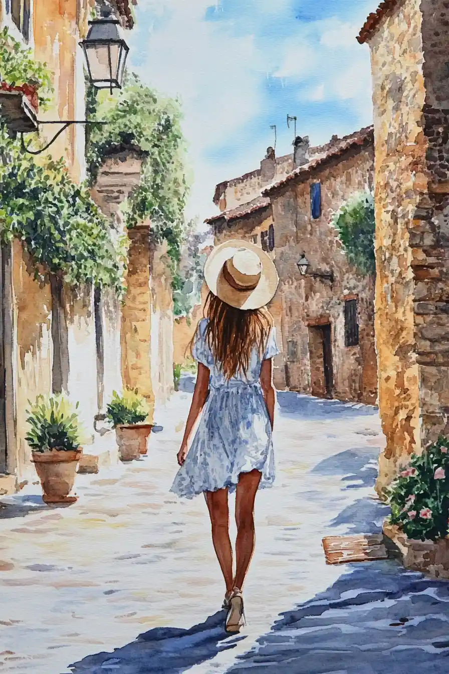 Romantic watercolor girl in sunny Mediterranean alley