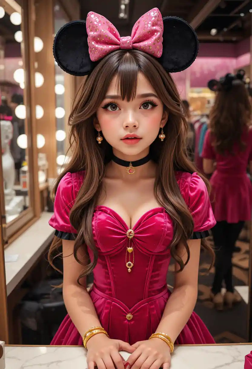 Garçon préado en robe Minnie rose à la coiffeuse d’une boutique