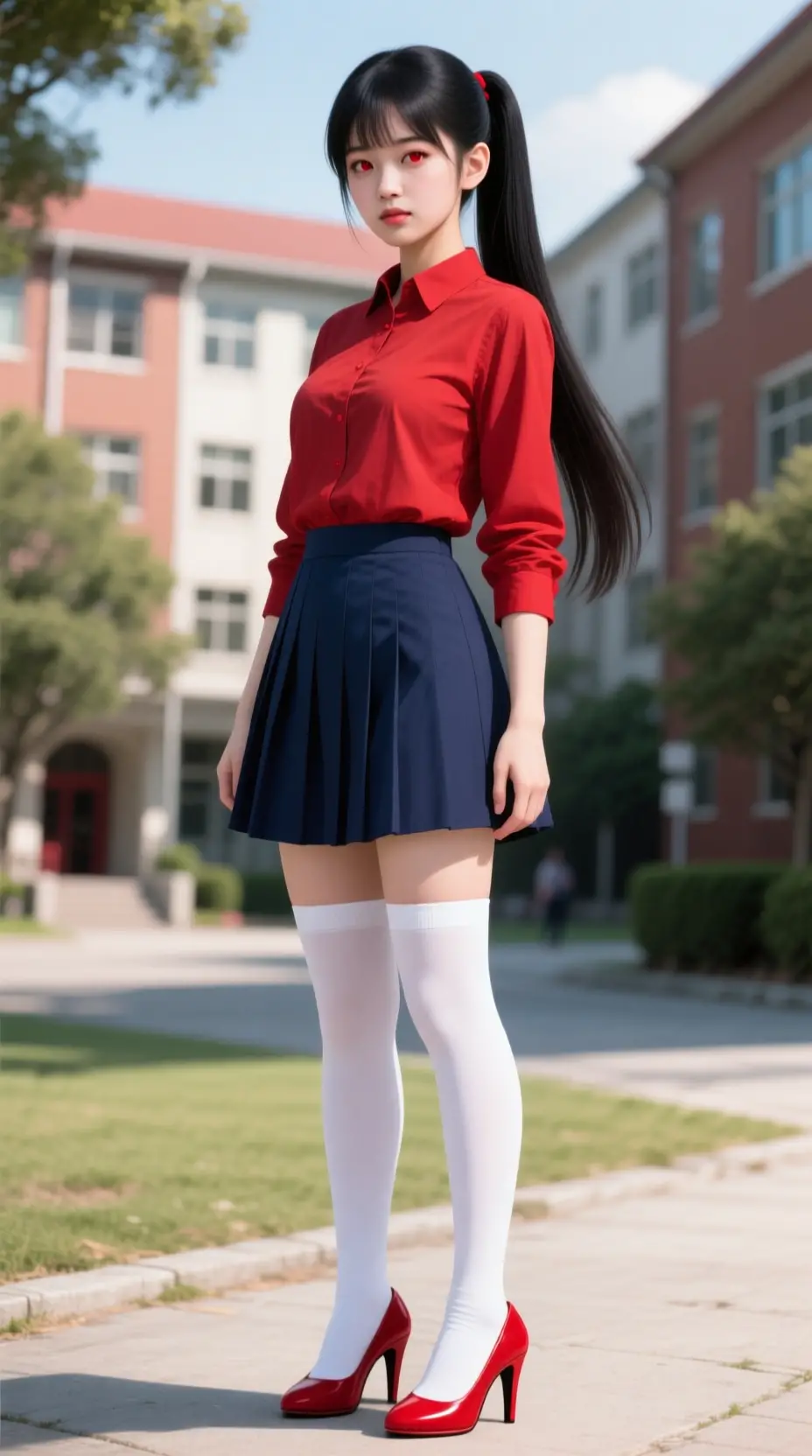 Junge japanische Frau auf einem Campusweg