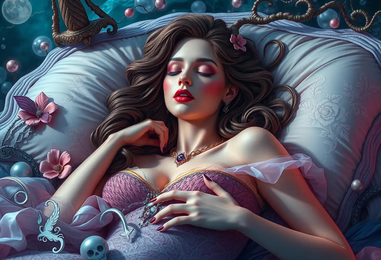 Sleeping siren in a whimsical pop surreal fantasy scene