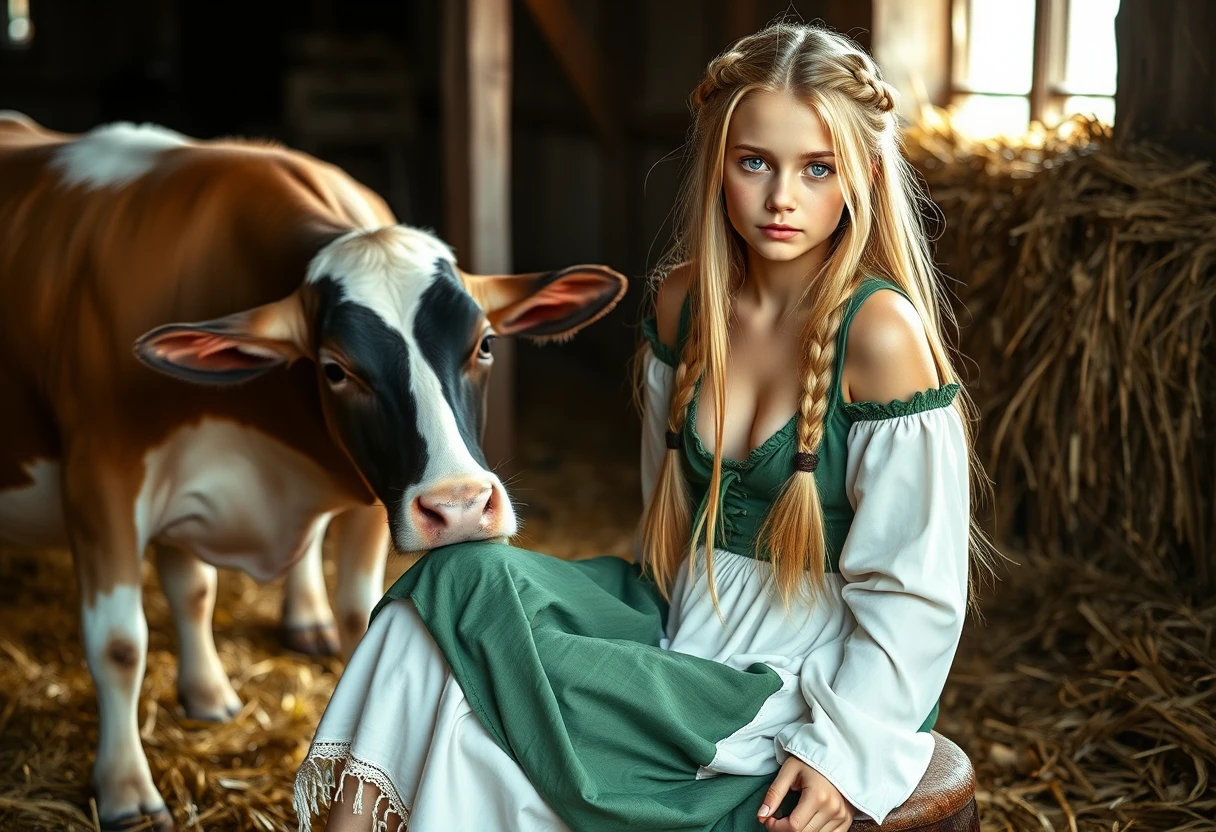 Young medieval farm girl milking a cow in a barn