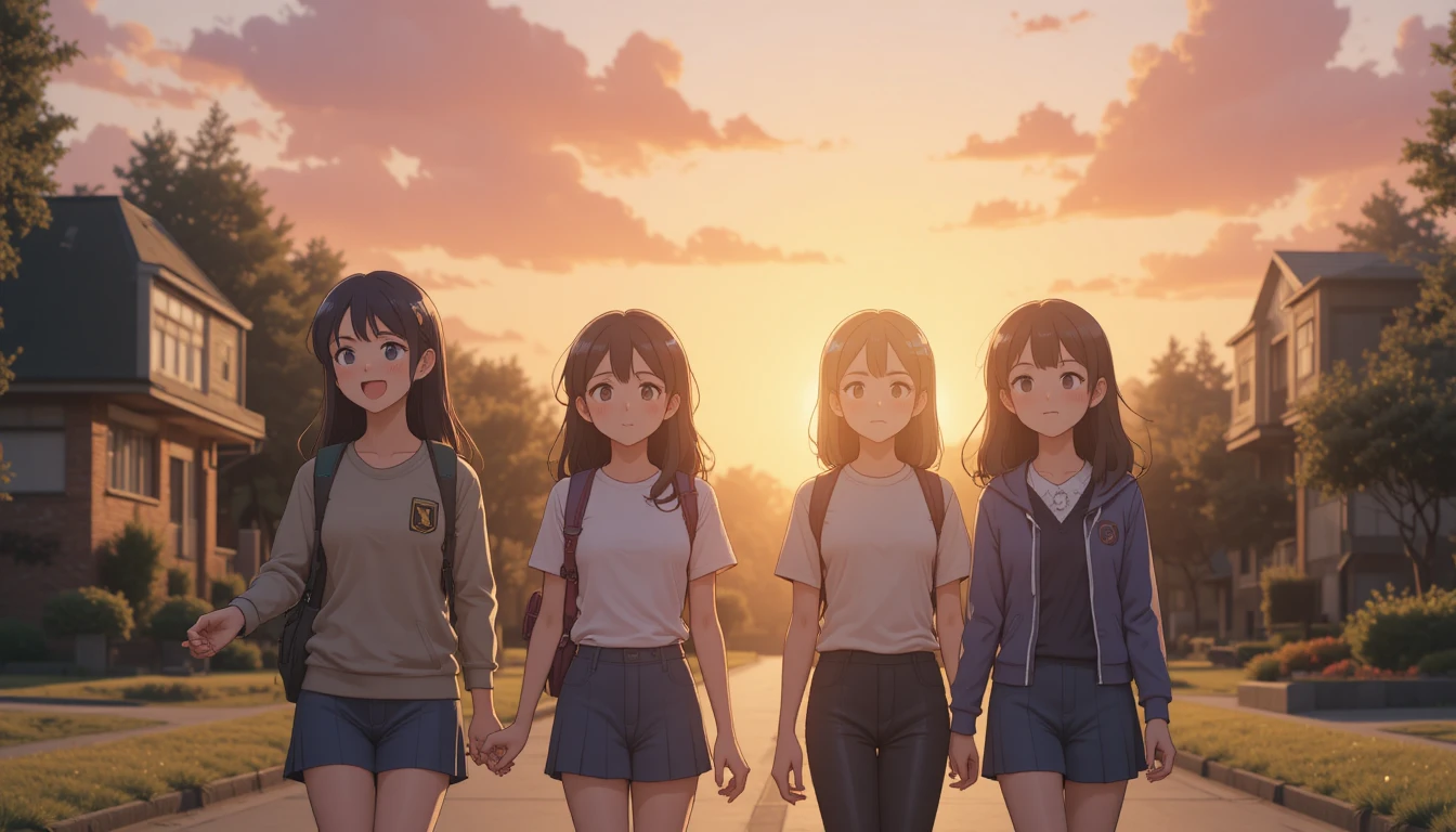 Anime friends walking from school under a gentle sunset sky