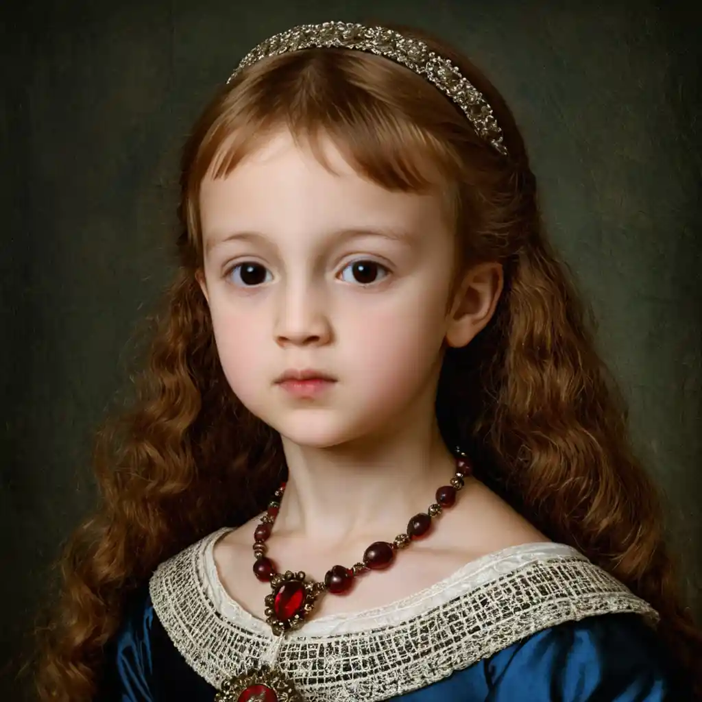 Young Spanish infanta vampire girl in dark blue dress portrait