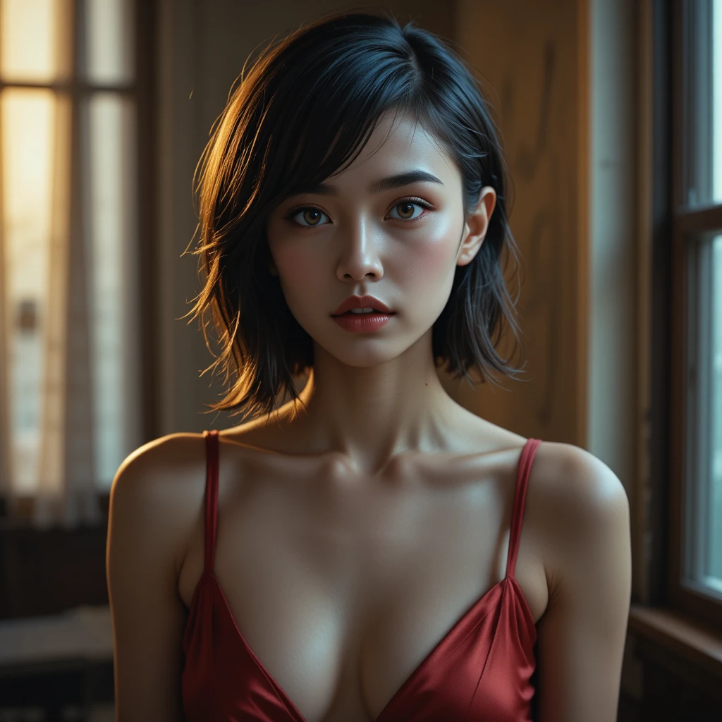 Cinematic portrait of a young woman in a red satin dress