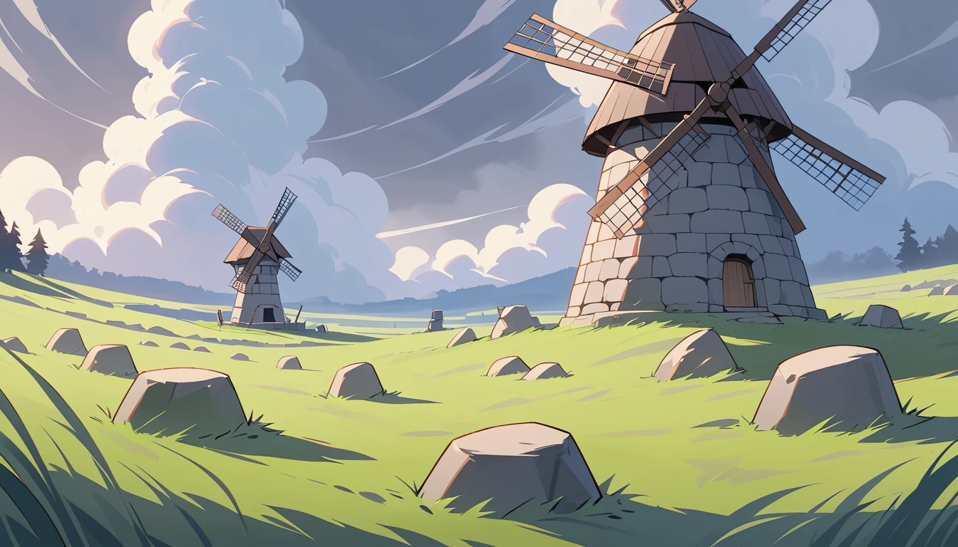 Ancient stone windmill on rolling grassy battlefield hill