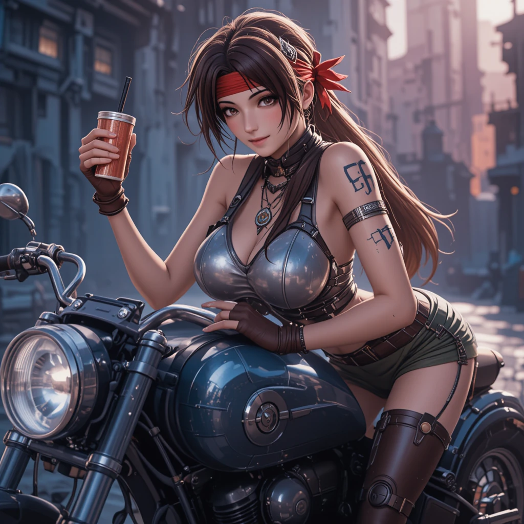 Mulher de anime inclinada sobre uma moto chopper futurista