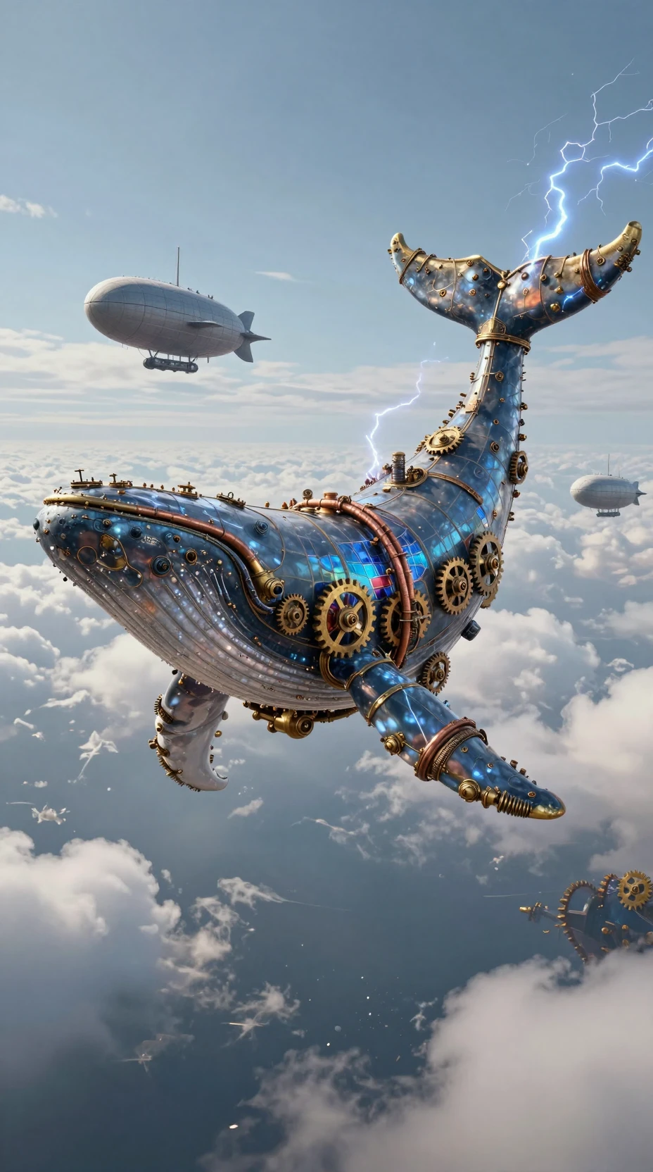Gigantesca aeronave balena steampunk che plana tra cieli surreali