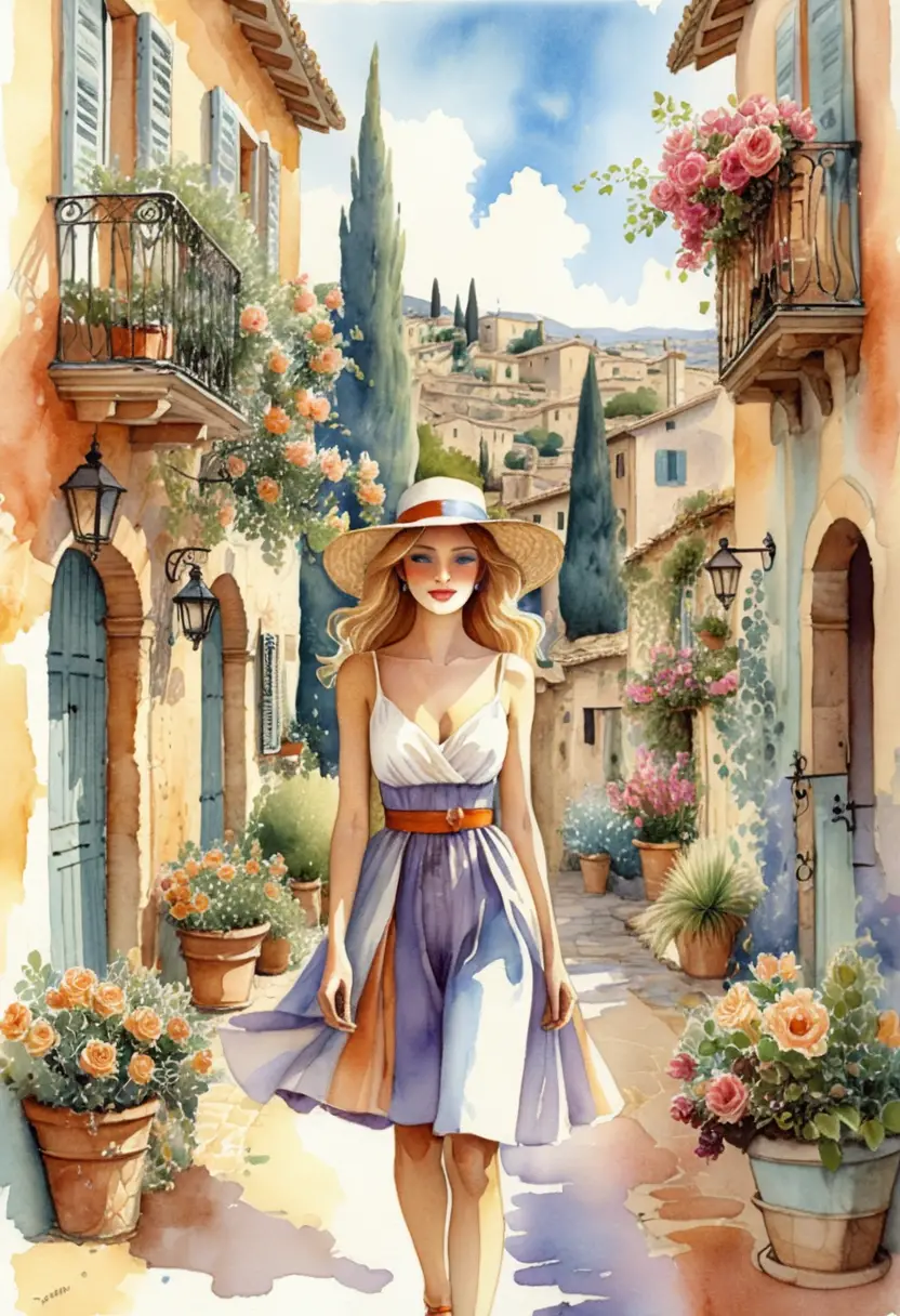 Romantic watercolor of a girl in a sunny Mediterranean alley