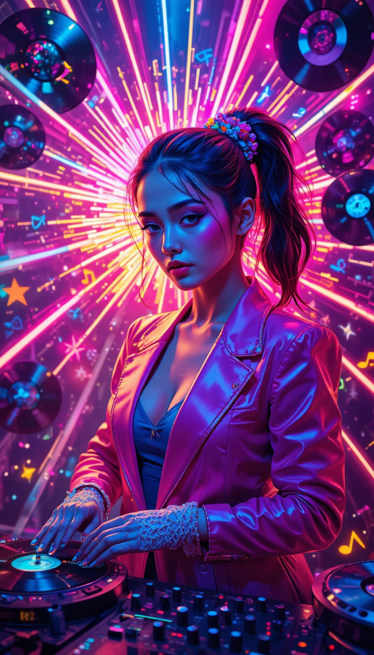 DJ donna anni ’80 al neon in una luce digitale vibrante