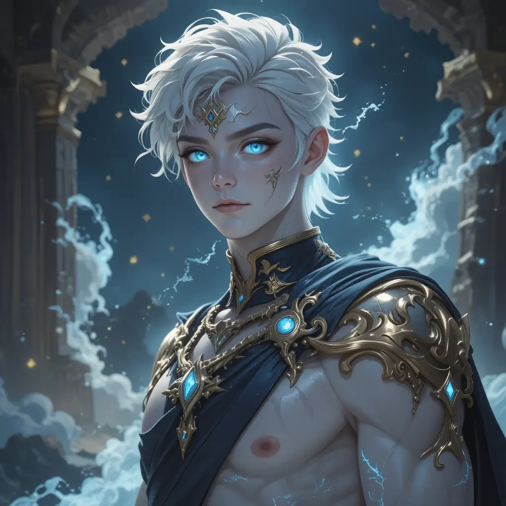 Young celestial god with luminous white skin and pale blue eyes
