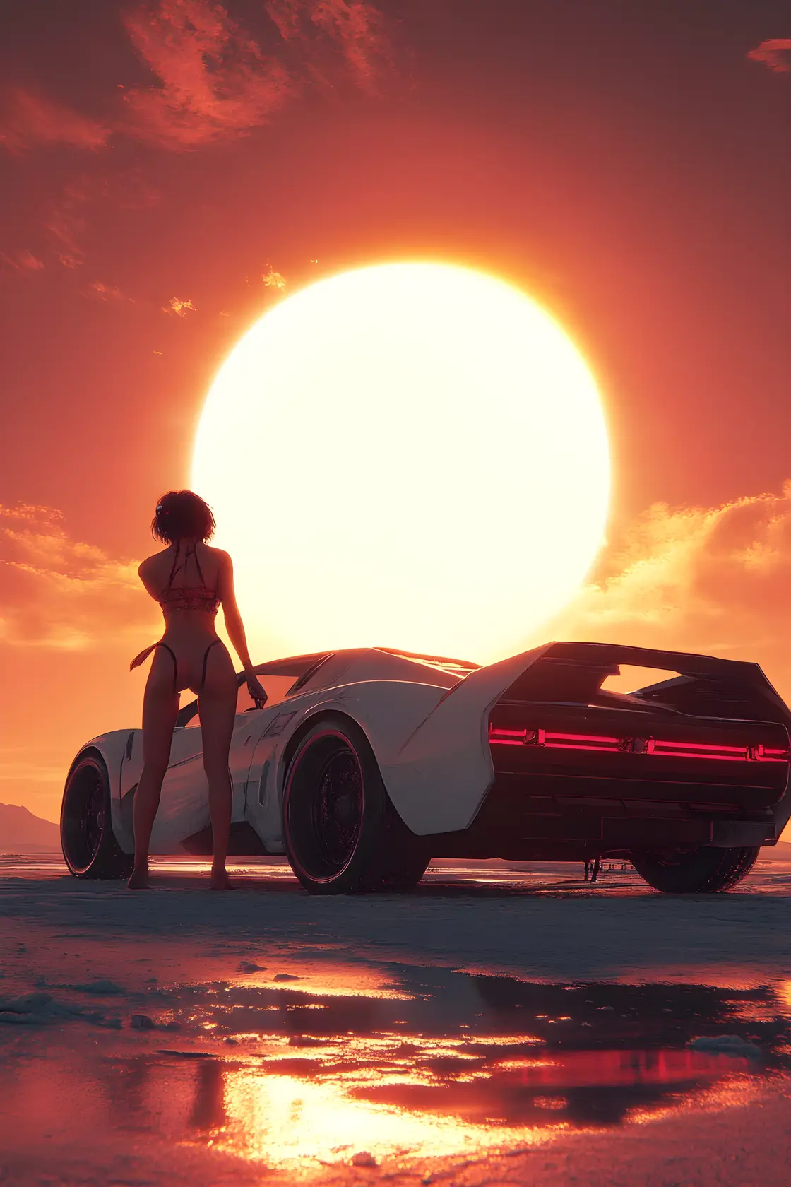 Futuristic car with a posing beach woman in sunlight