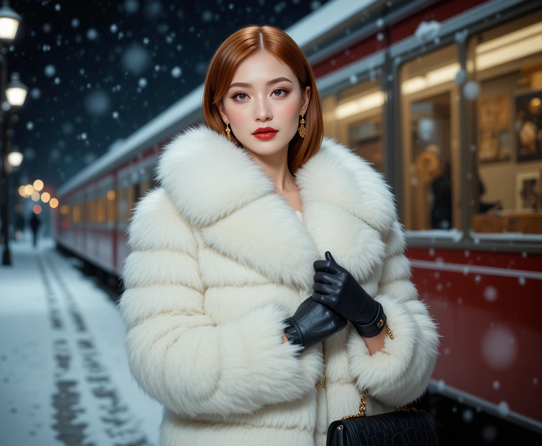 雪の冬の夜に立つ白いファーコートのエレガントな女性