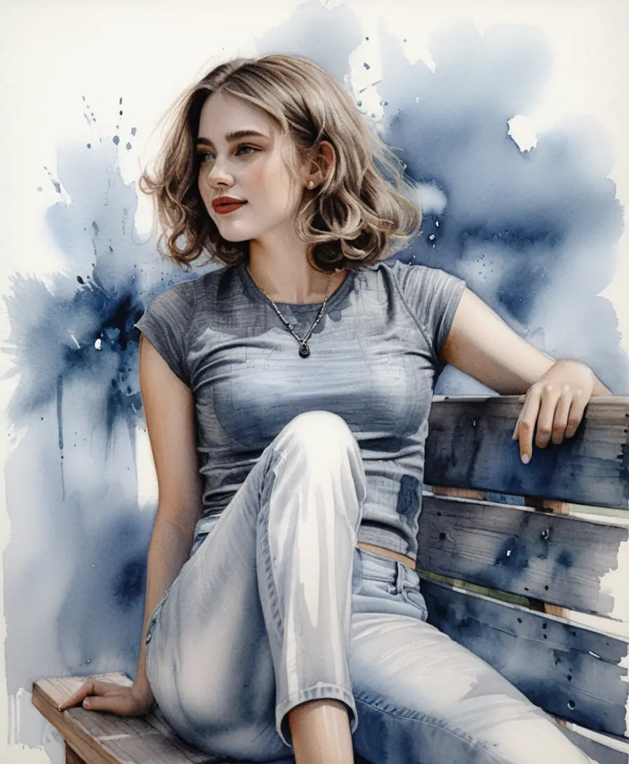 Young woman sitting sideways on a wooden park bench