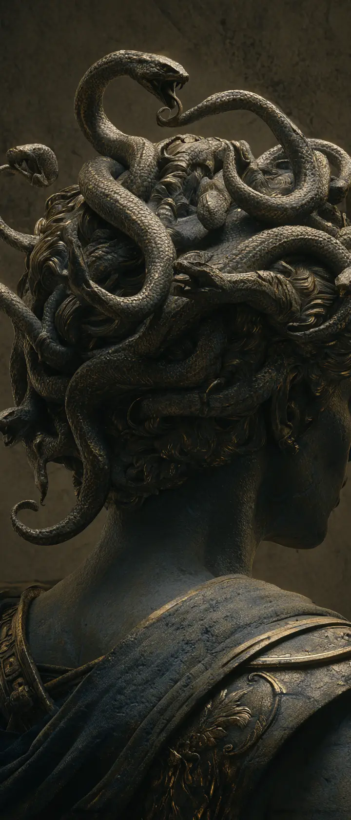 Close up of medusa with writhing snakes and frozen warrior