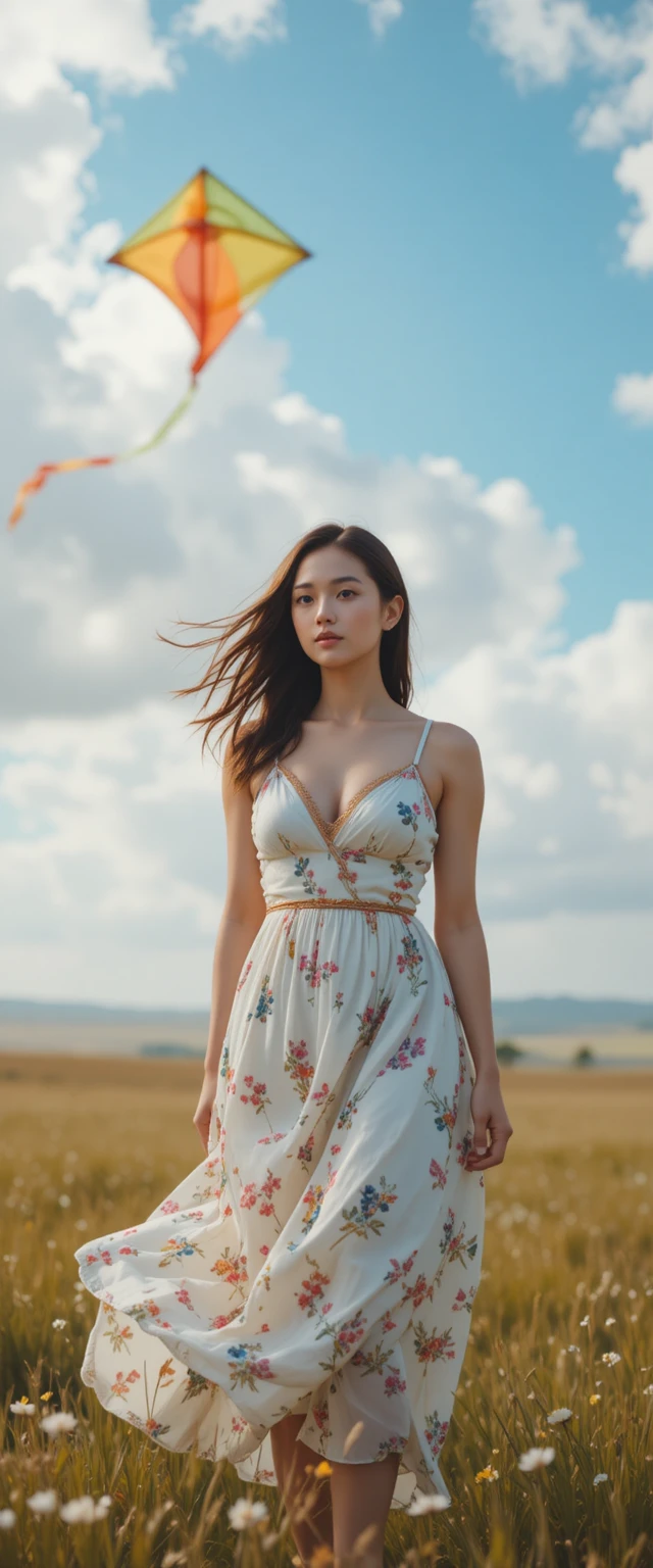 바람 부는 초원에서 연을 날리는 썬드레스 여인