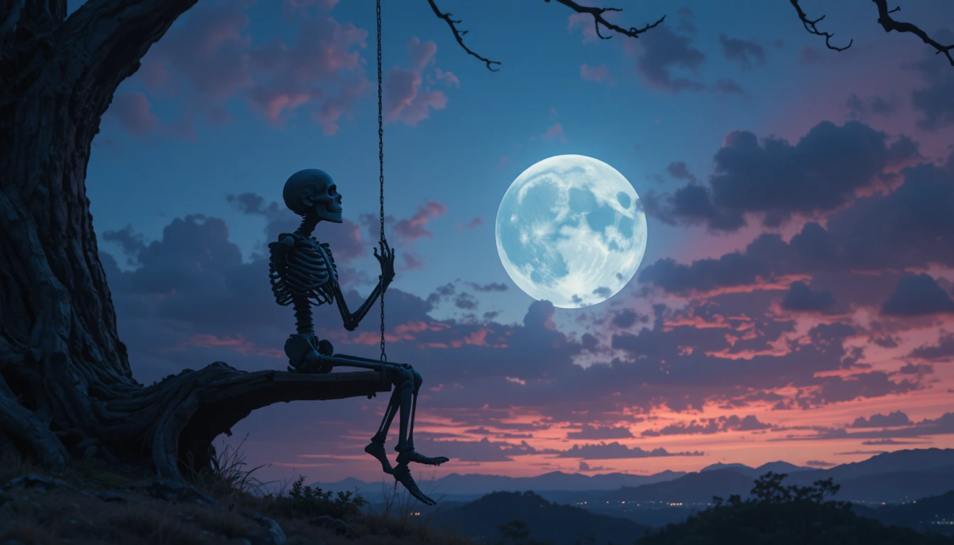 Lonely skeleton on a swing under a glowing full moon
