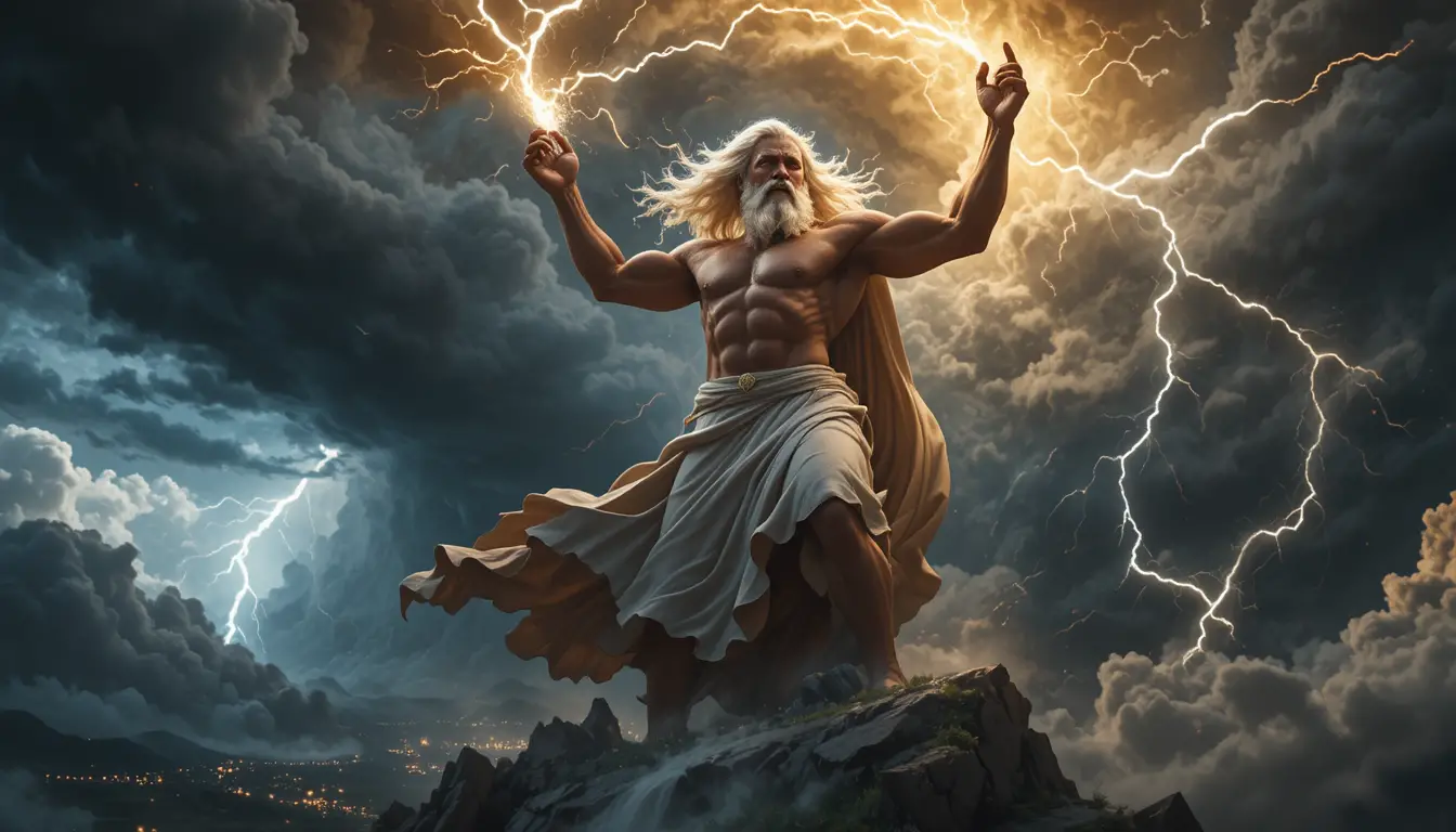 Zeus unleashing thunderbolts from a stormy sky