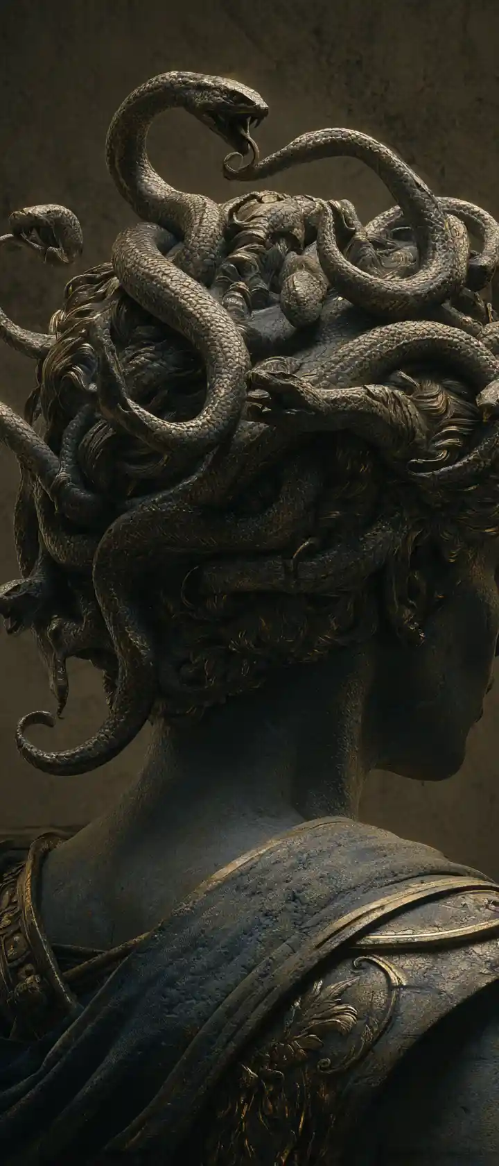 Close up of medusa with writhing snakes and frozen warrior