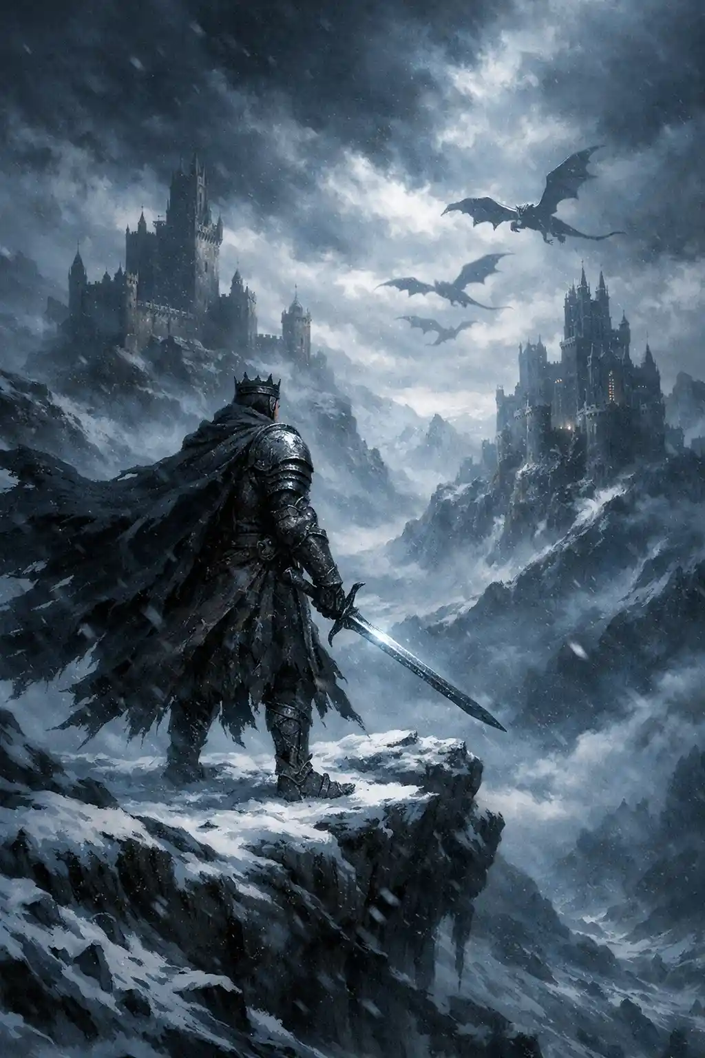Warrior king on snowy cliff in dark fantasy storm
