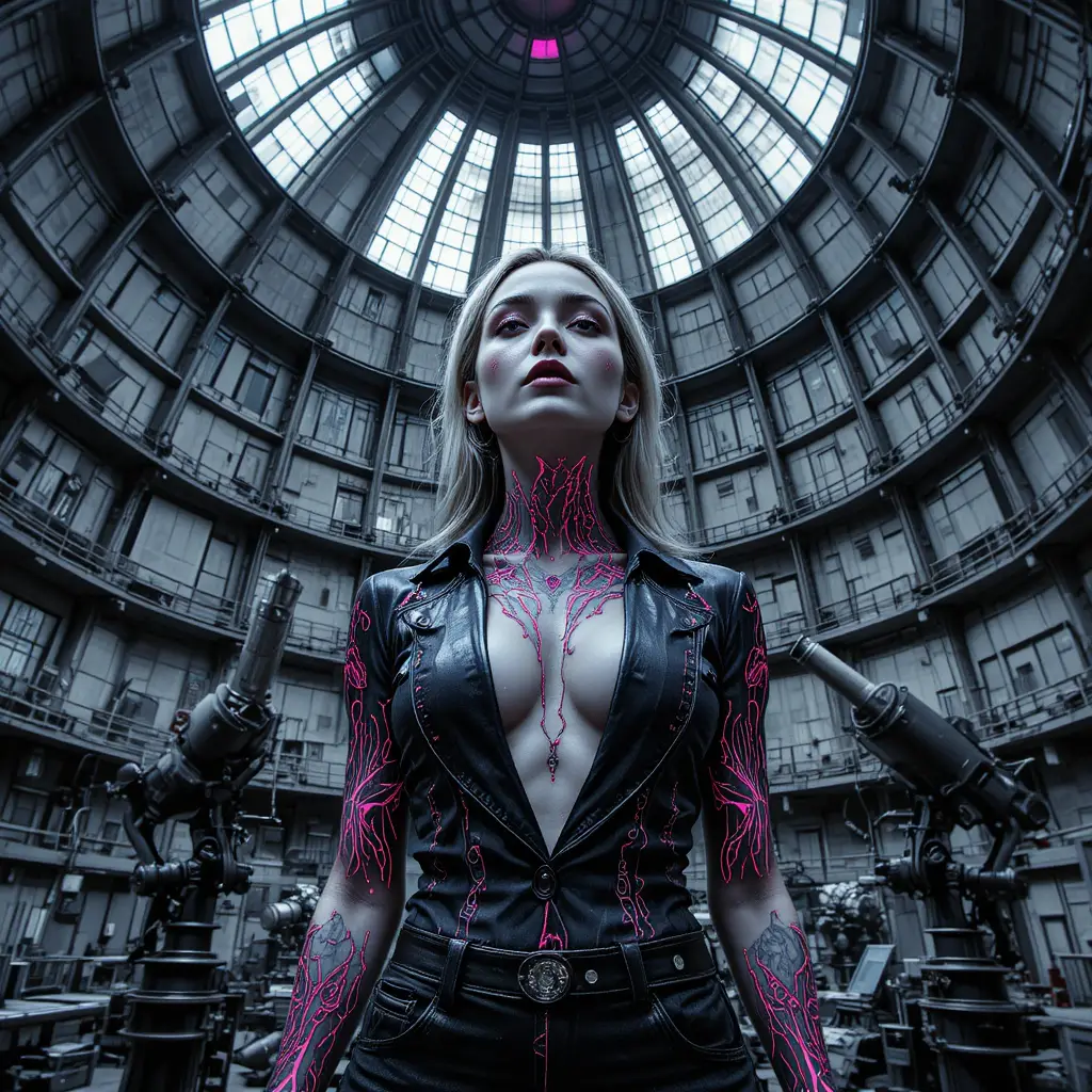 Woman under observatory dome in glitch magenta light