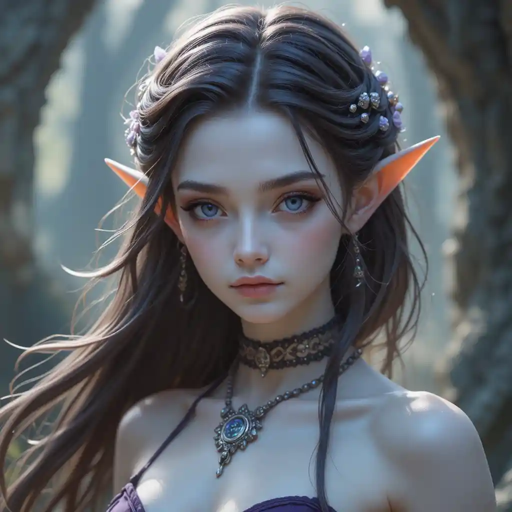 Retrato de joven diosa de piel marfil con ojos violeta claros