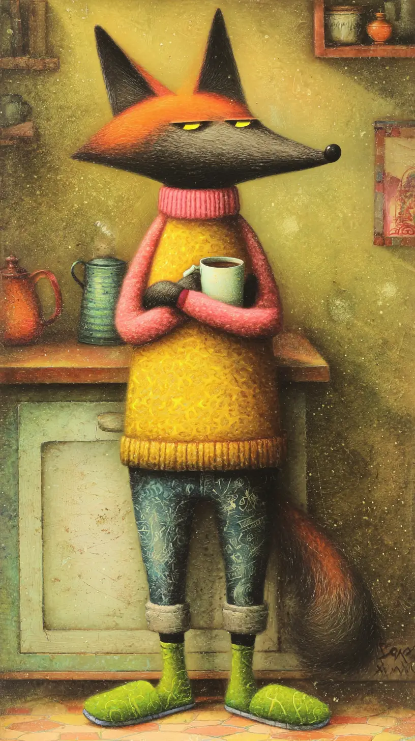 Anthropomorphic fox enjoying morning coffee in cozy kitchen