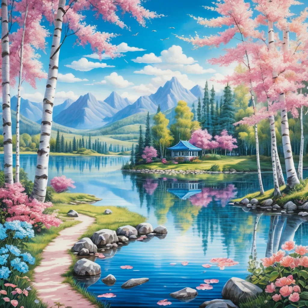Lac d’été surréaliste avec bouleaux et fleurs