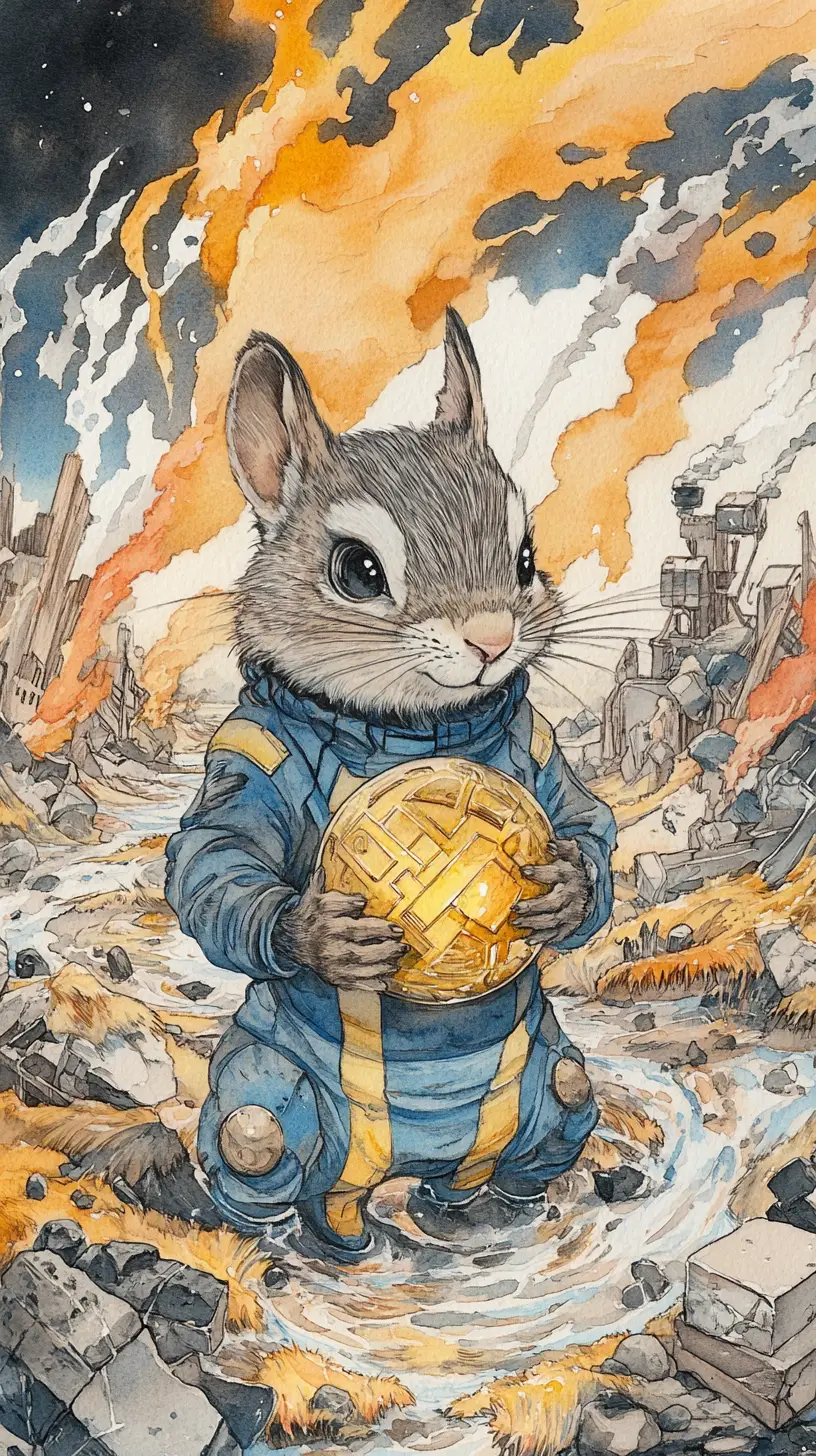 Watercolor chipmunk hero holding a golden sphere