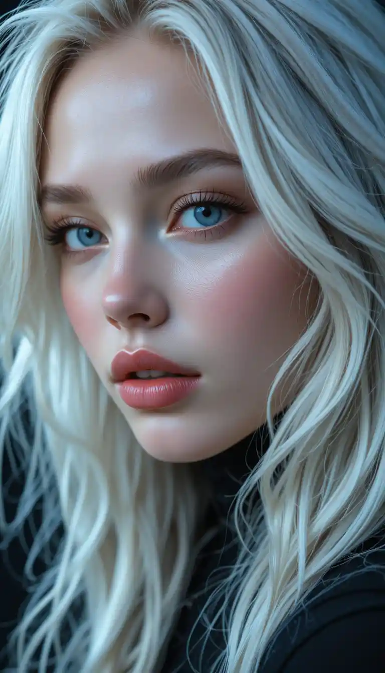 Close up fashion portrait of platinum haired woman
