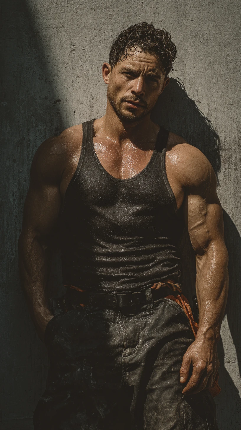 Muscular construction worker resting against an industrial wall