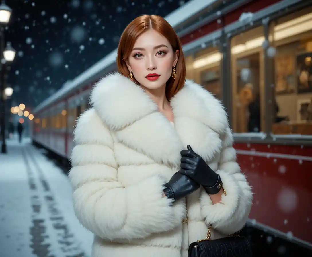 雪の冬の夜に立つ白いファーコートのエレガントな女性