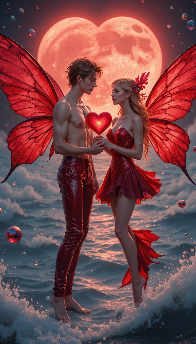 Romantic fairy couple holding a red heart above ocean
