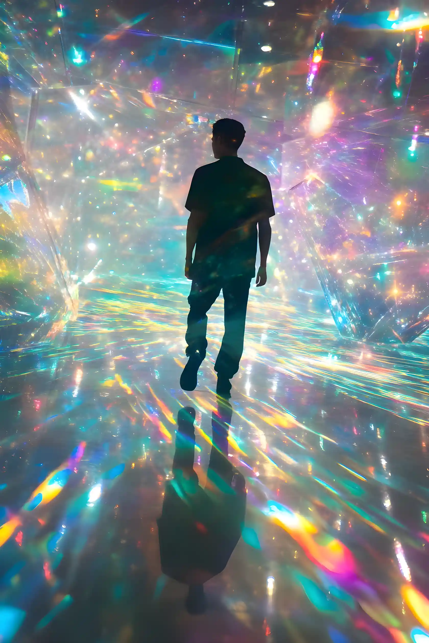 Man walking through surreal outer space with holographic light