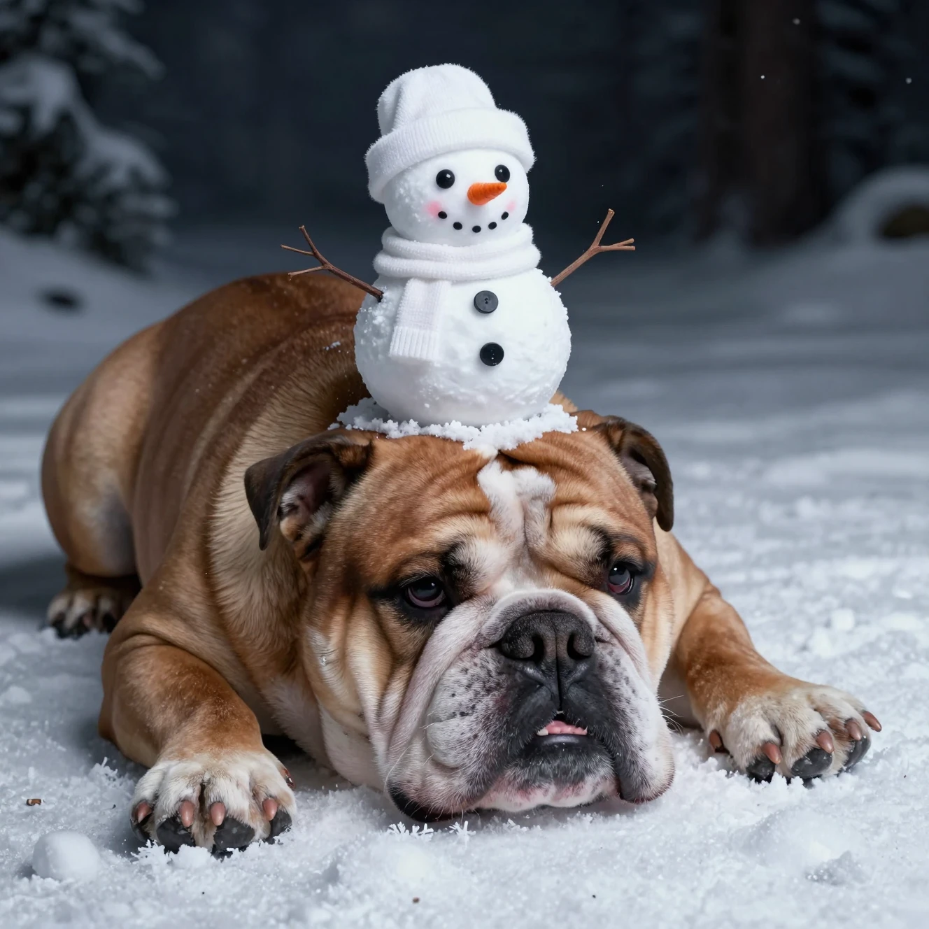 Bouledogue marron se reposant dans la neige avec un bonhomme de neige joueur pour compagnon
