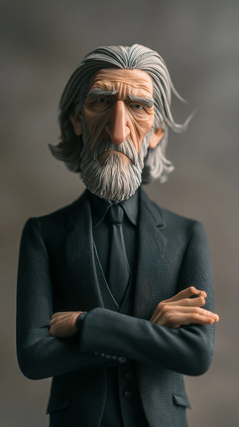 Figura di uomo anziano in abito nero con lunghi capelli grigi