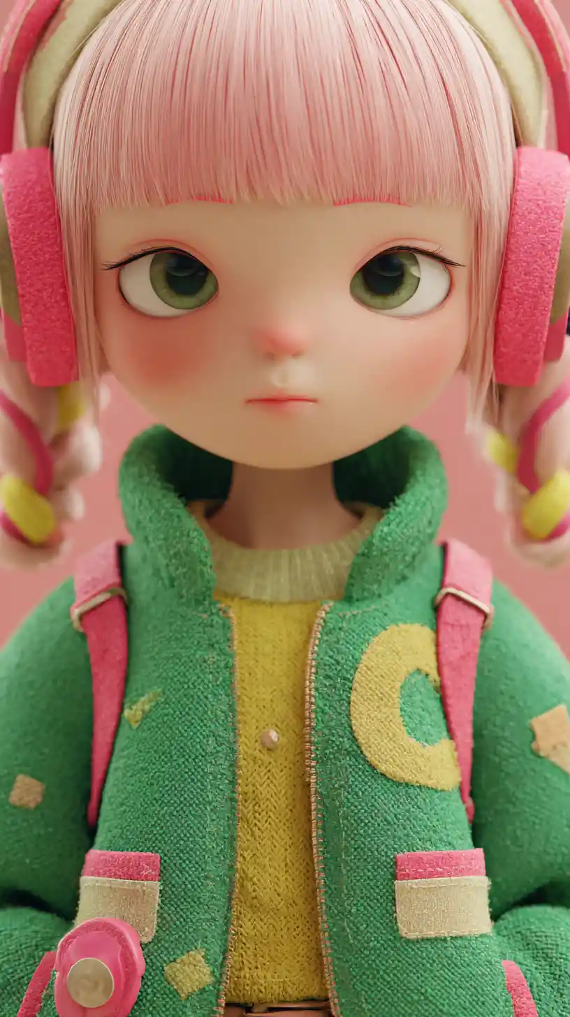 Close up 3D render of cute anime style doll