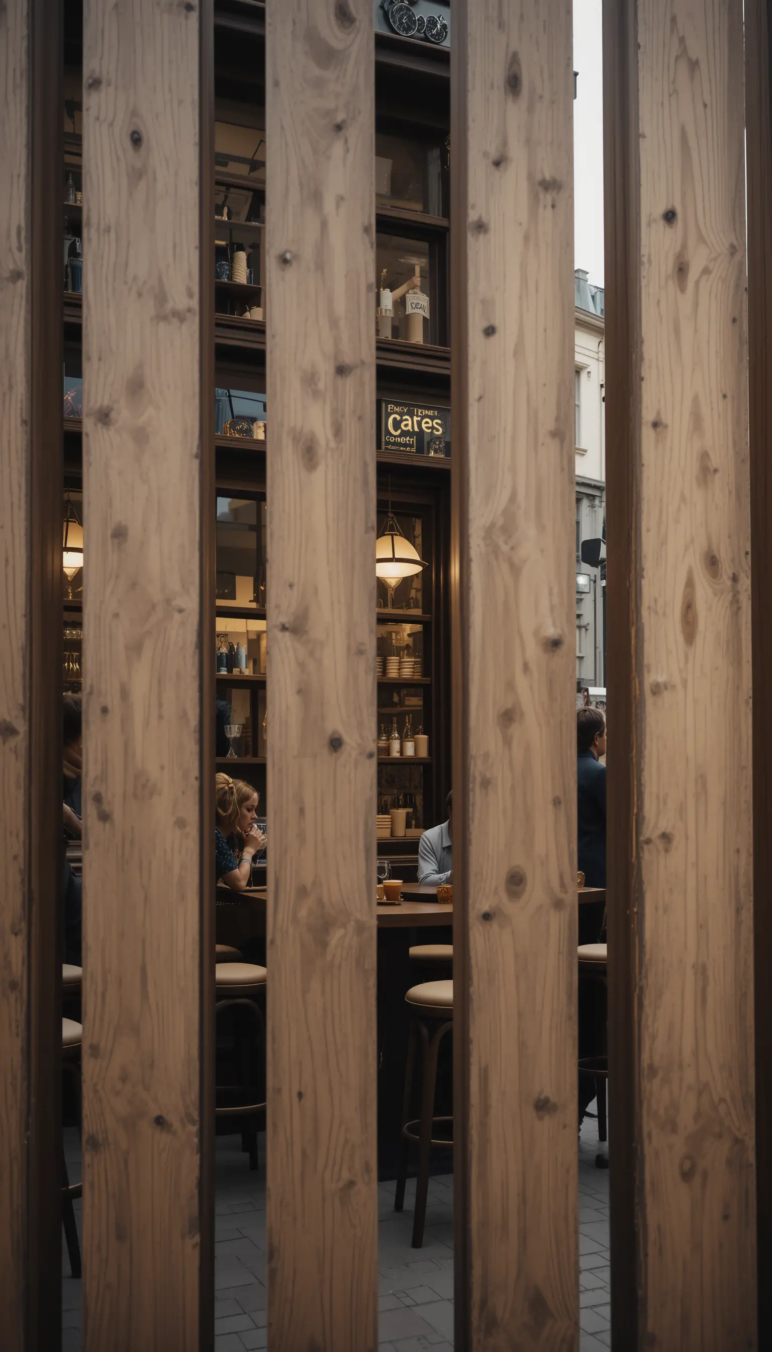 Cozy cafe on a narrow street with rustic wood framing