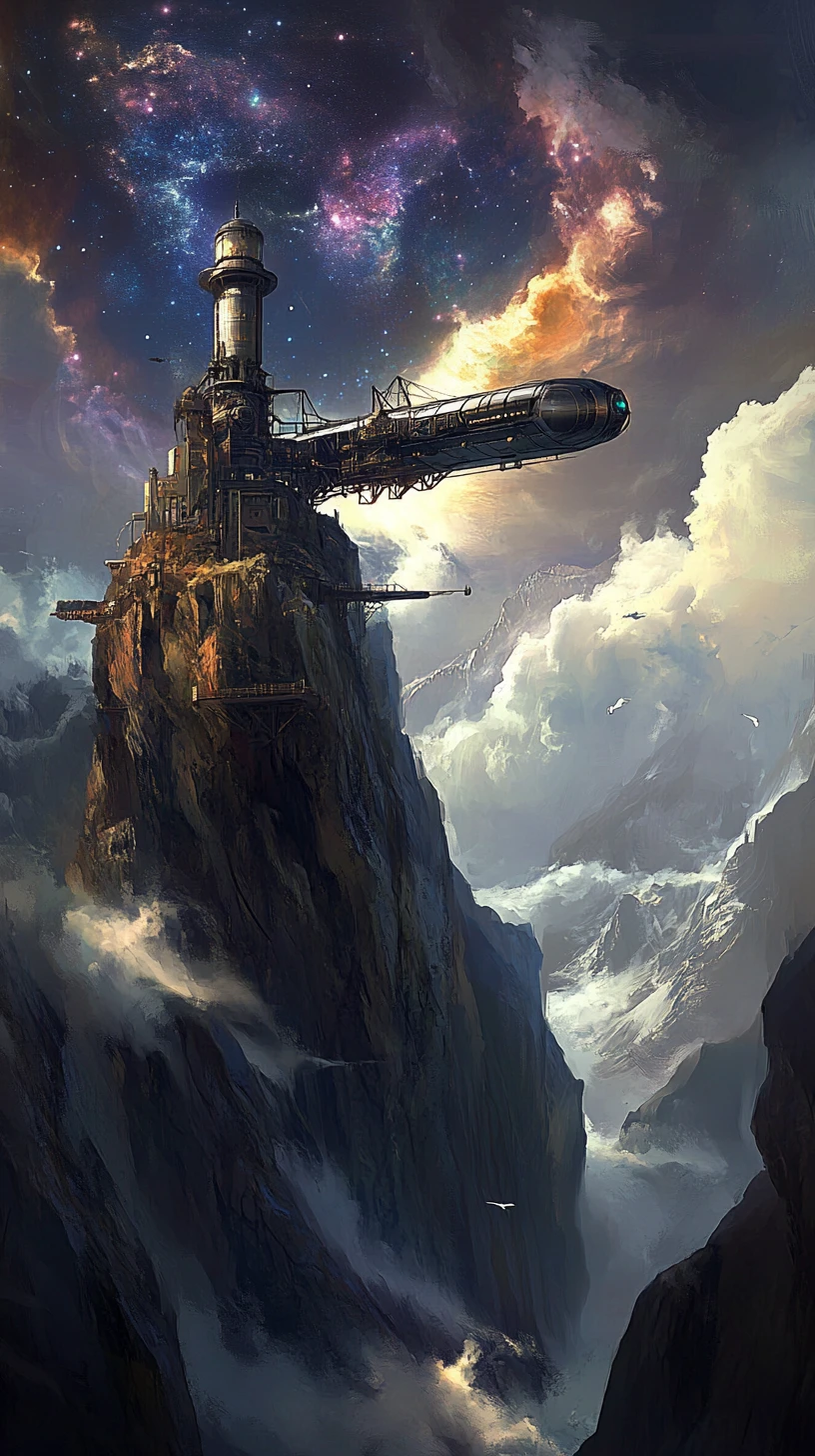 Dirigibile steampunk in avvicinamento a un osservatorio di montagna sopra una nebulosa