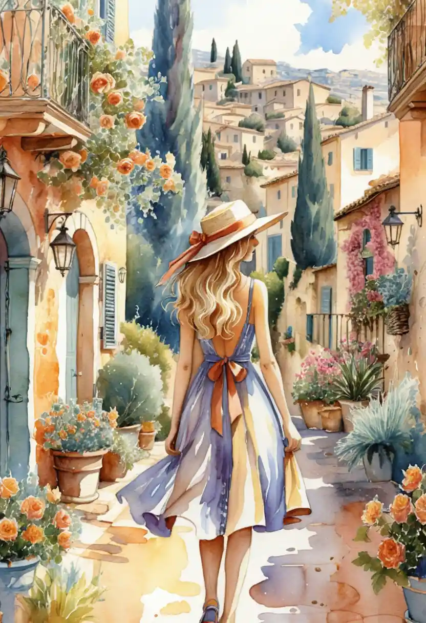 Young woman walking in a sunlit Mediterranean alley