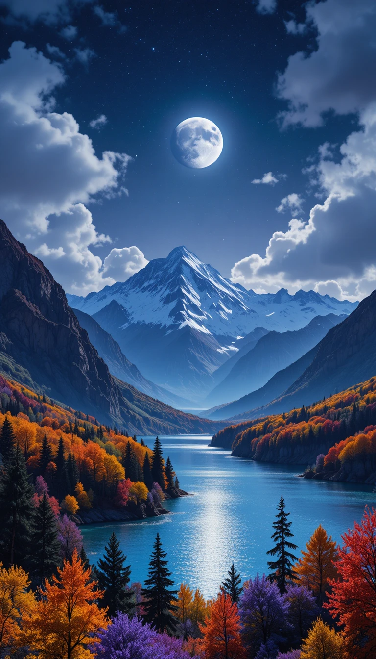 Silver moon over colorful mountains and shimmering lake